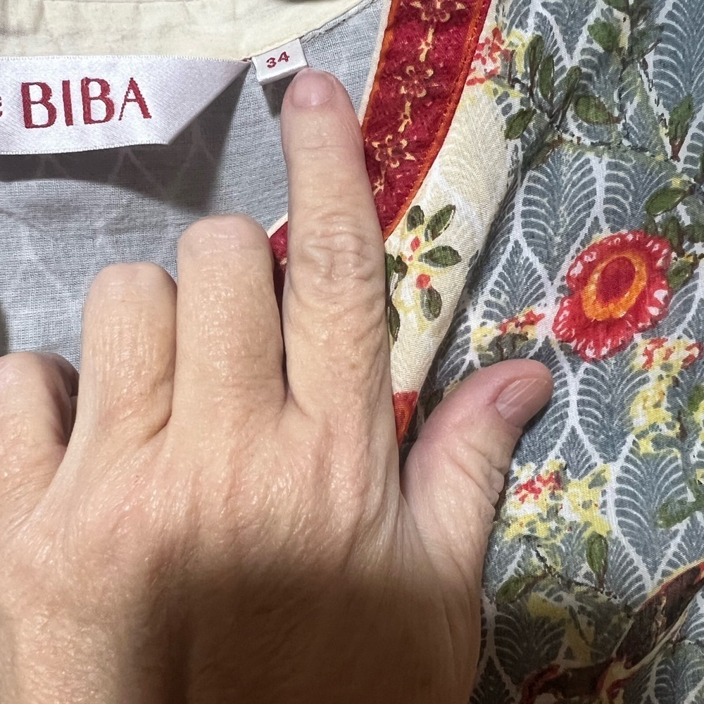 Biba Designer Anarkali Maxi Dress Boho Floral Print Cream Red Gold Sz M/34 - Picture 2 of 7